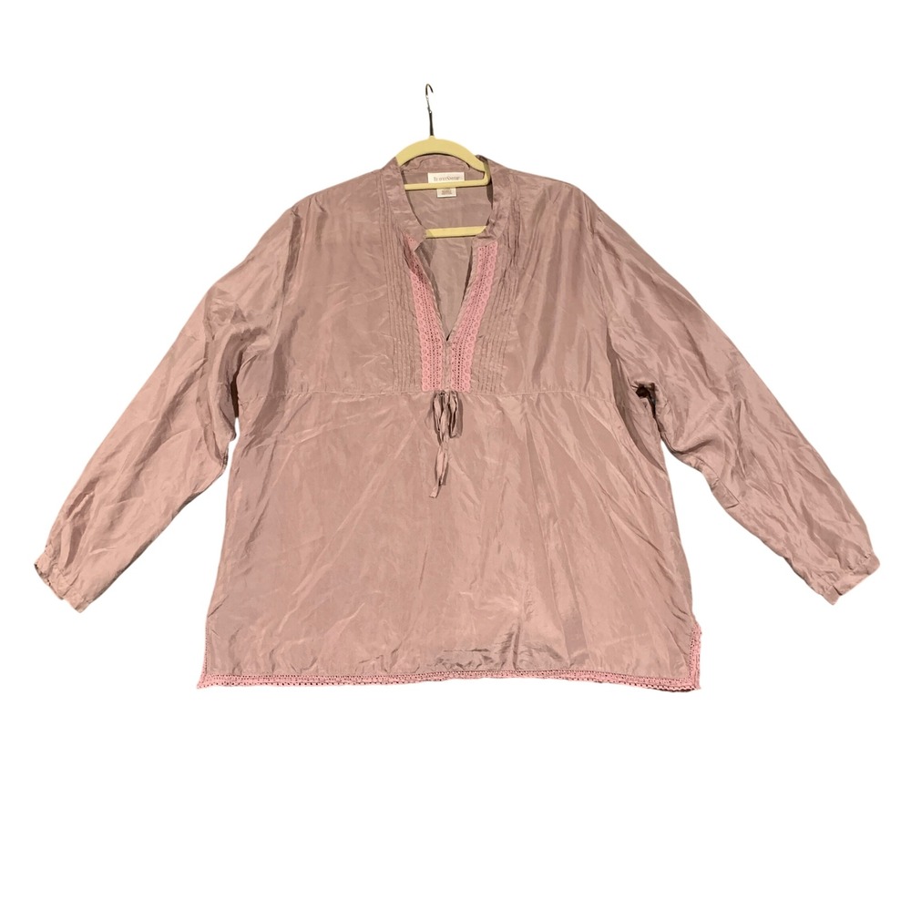TravelSmith Silk Tunic Women XLP Mauve Pink Boho Lace Trim Pintuck Peasant Top